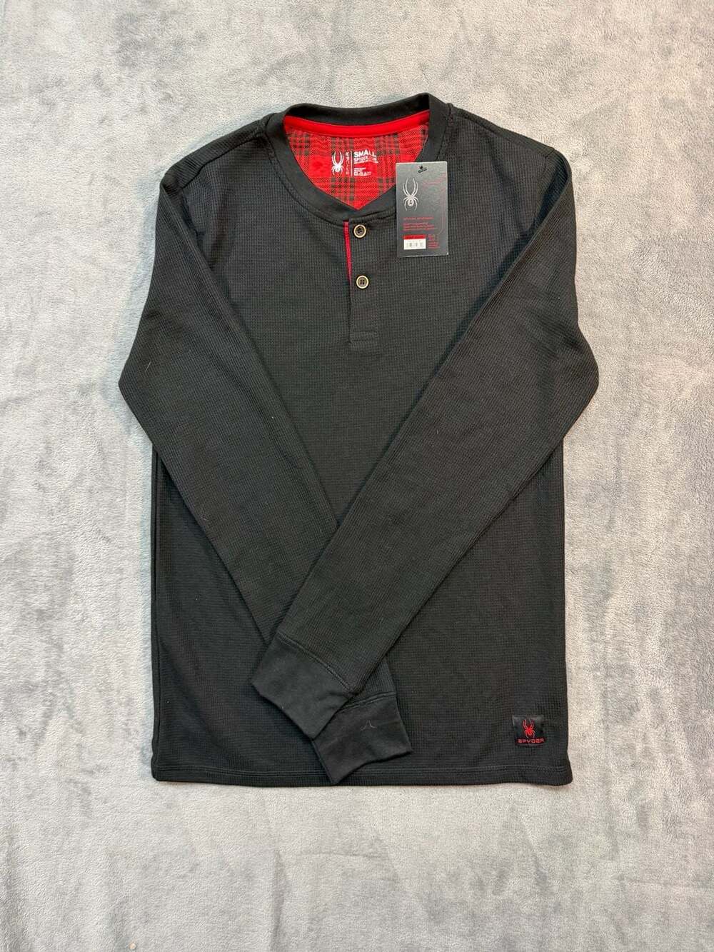NWT Spyder Men's Small Black Thermal Long Sleeve Henley Shirt ASL94123 BK
